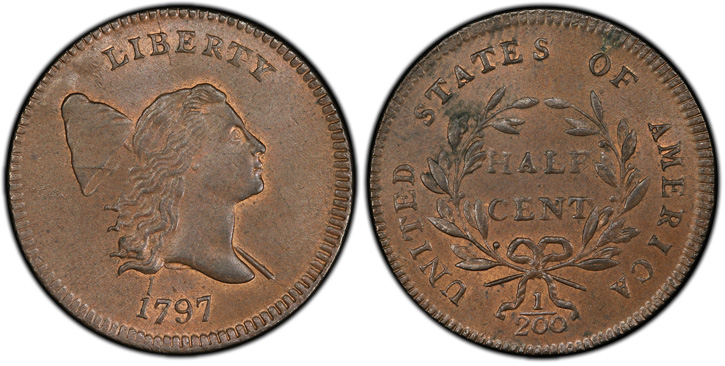 1797 Liberty Cap Half Cent. C-1. 1 Above 1, Plain Edge.  MS-66 RB (PCGS). 